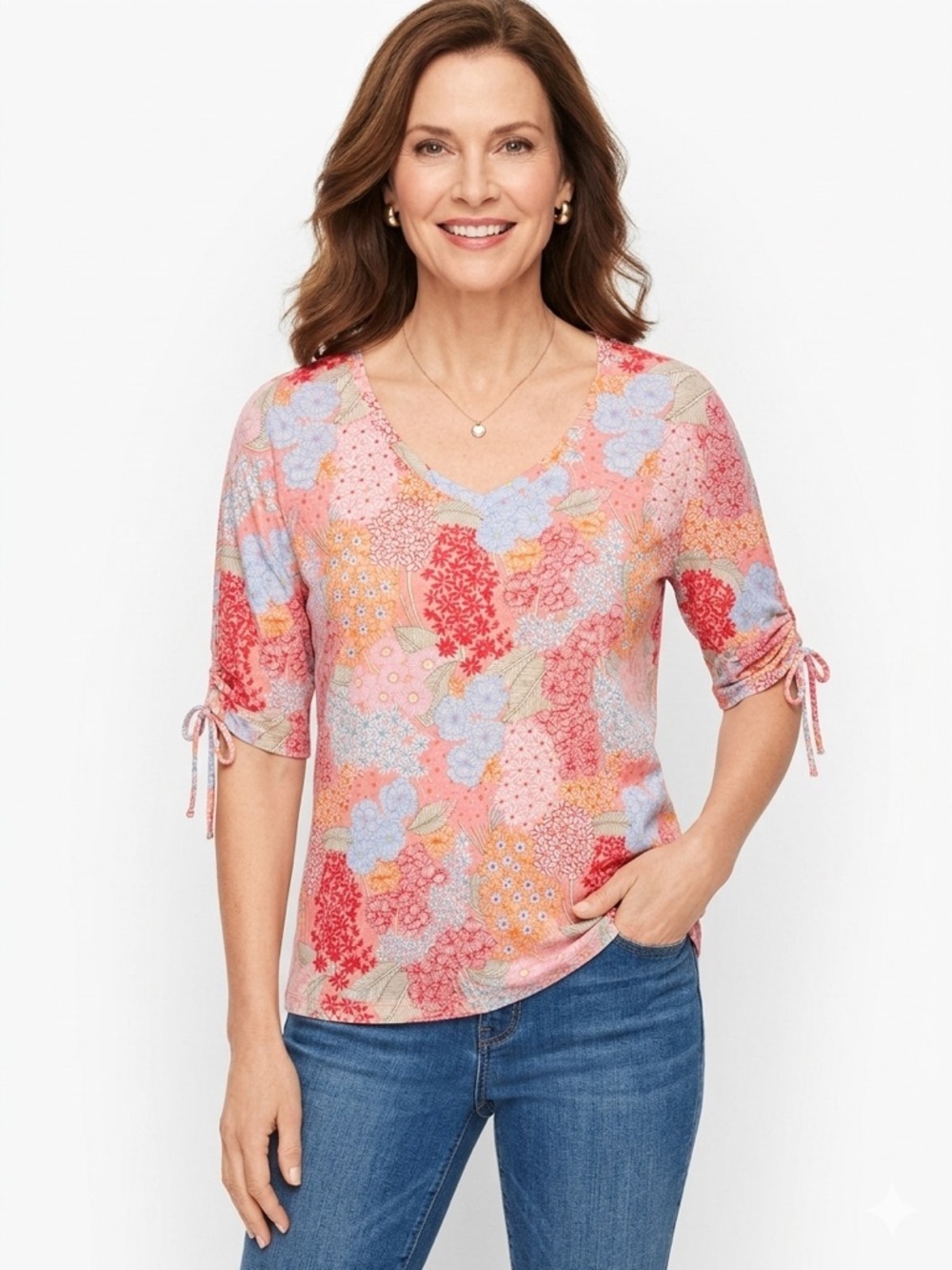 Talbots v neck tee wild flowers relaxed fit tie sleeves Medium